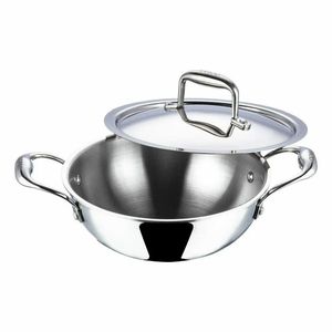 Premium Oval Triply Stainless Steel Nonstick Mirror Polished Heat Resistant Kadhai Lid 22cm Silver 2.0L Cooking Pot