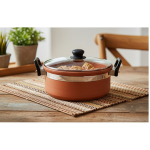 SwamiG TradeX Handmade Terracotta Clay Kadai with Glass Lid Heat Resistant Eco-Friendly Non-Stick Plastic Handle Hand Wash Only